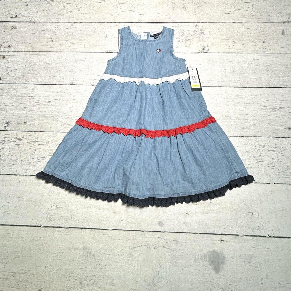 Tommy Hilfiger Girls Sleeveless Denim Tiered Ruffle Dress Blue 4T NWT